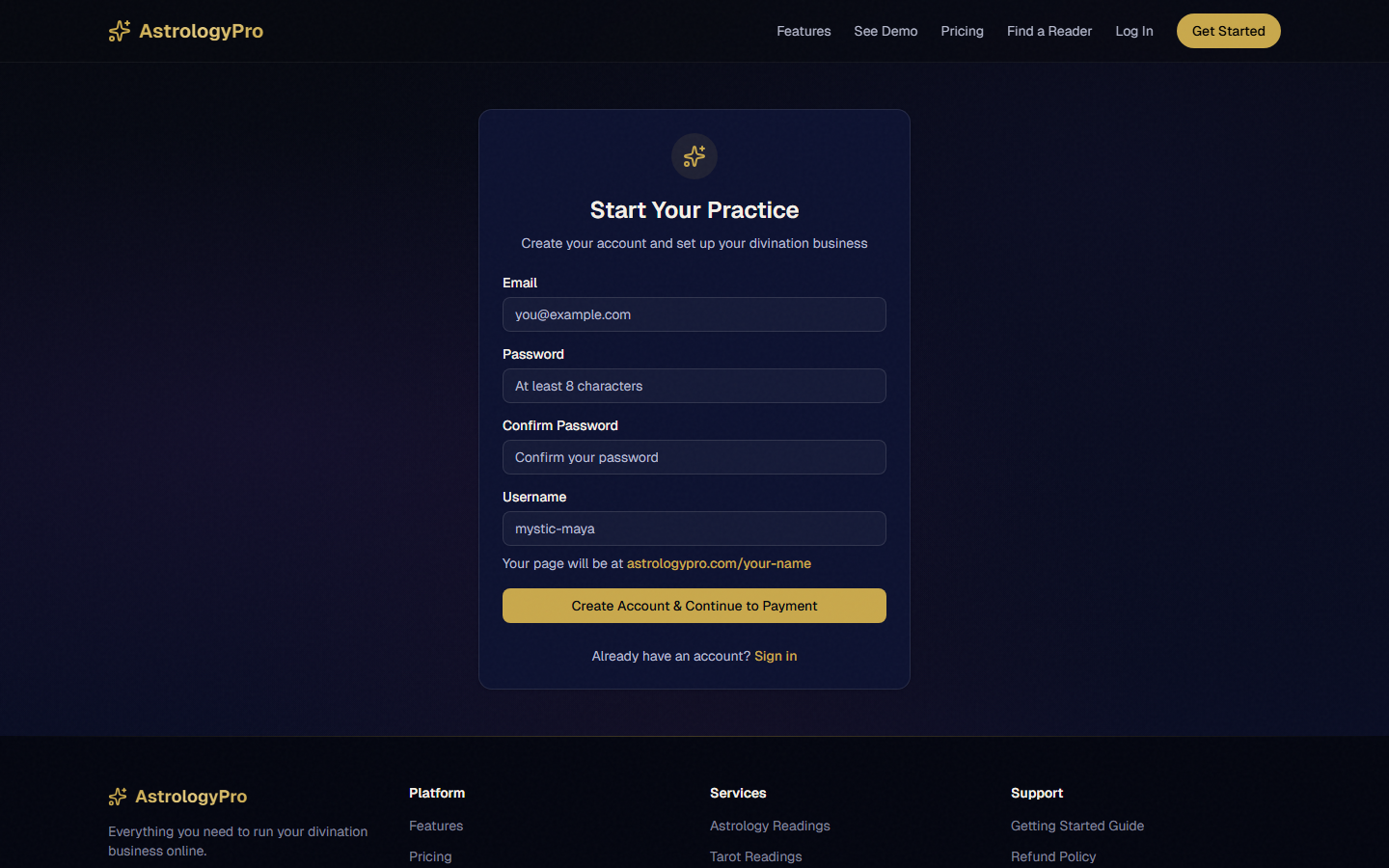 The get-started signup form with email, password, and username fields plus pricing summary
