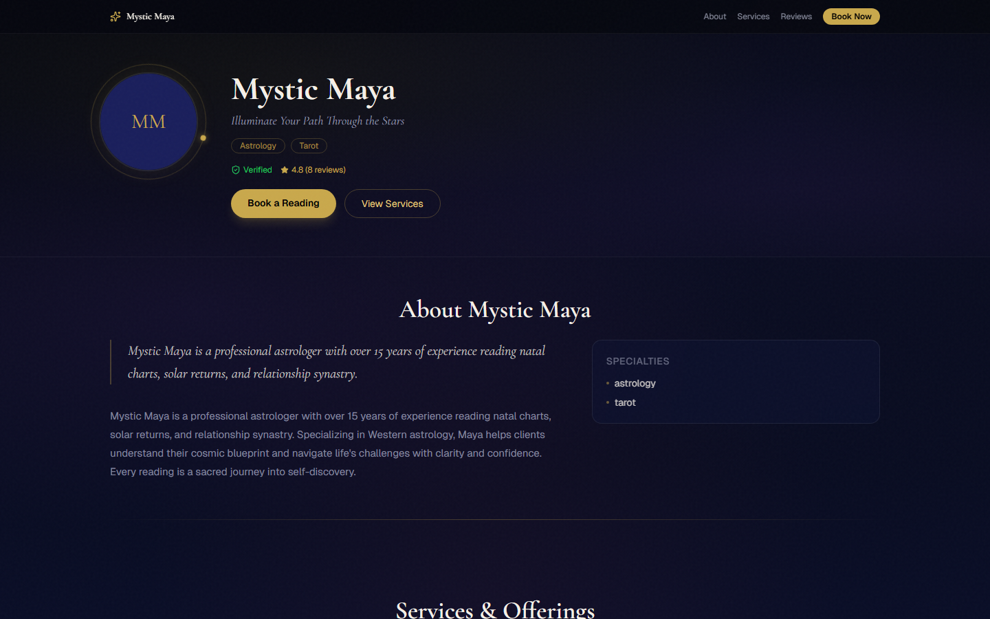 A fully set up diviner landing page showing the profile header, featured services grid, testimonials section, and booking button