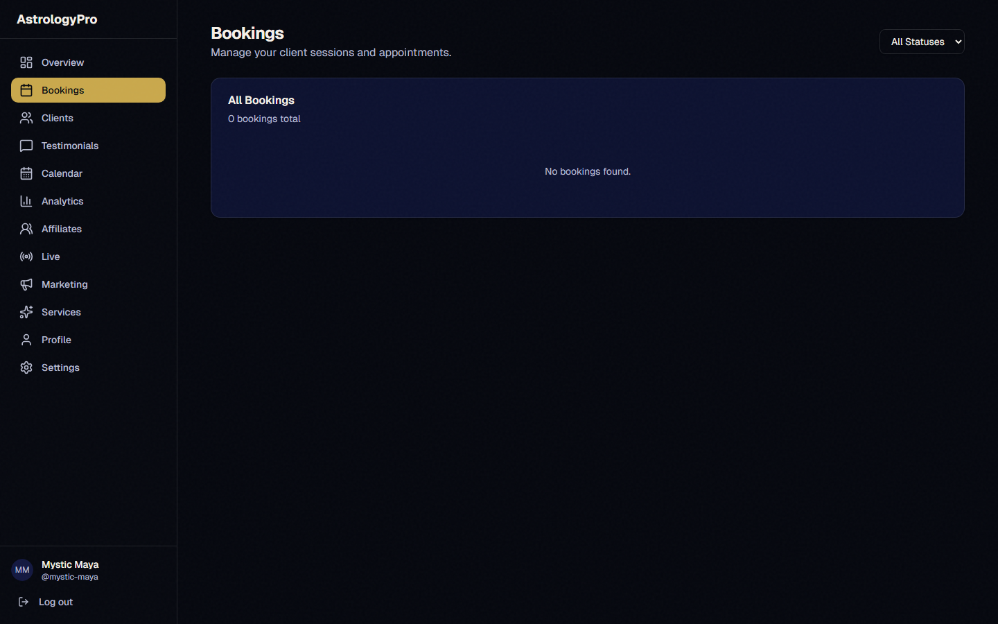 The bookings dashboard showing a list of upcoming sessions with client names, service types, dates, and Prepare/Join buttons