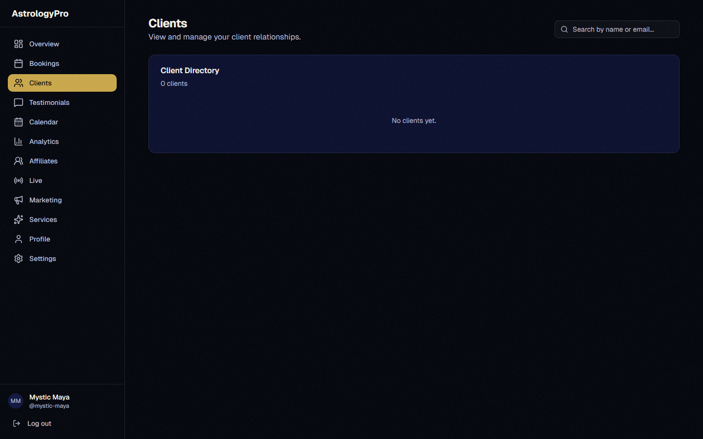 The client CRM list view showing client cards with birth data, session count, total revenue, and expandable notes