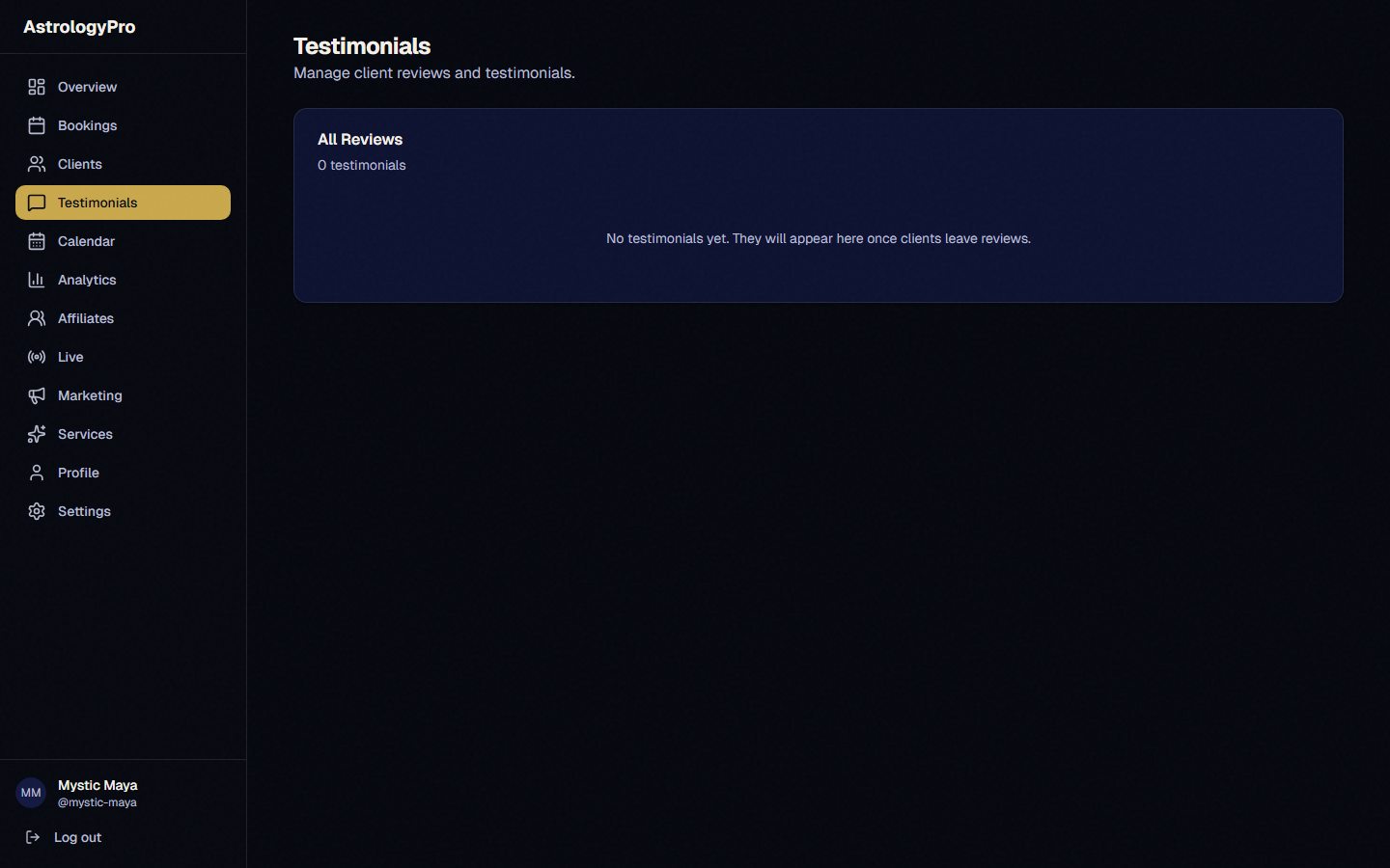 The testimonials management panel showing submitted reviews with approve, reject, and feature toggle buttons