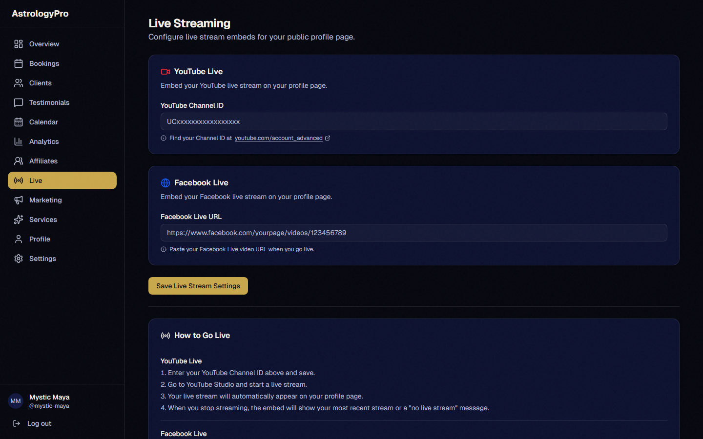 The live streaming settings page showing the YouTube Channel ID input field and a preview of the embedded stream on the landing page