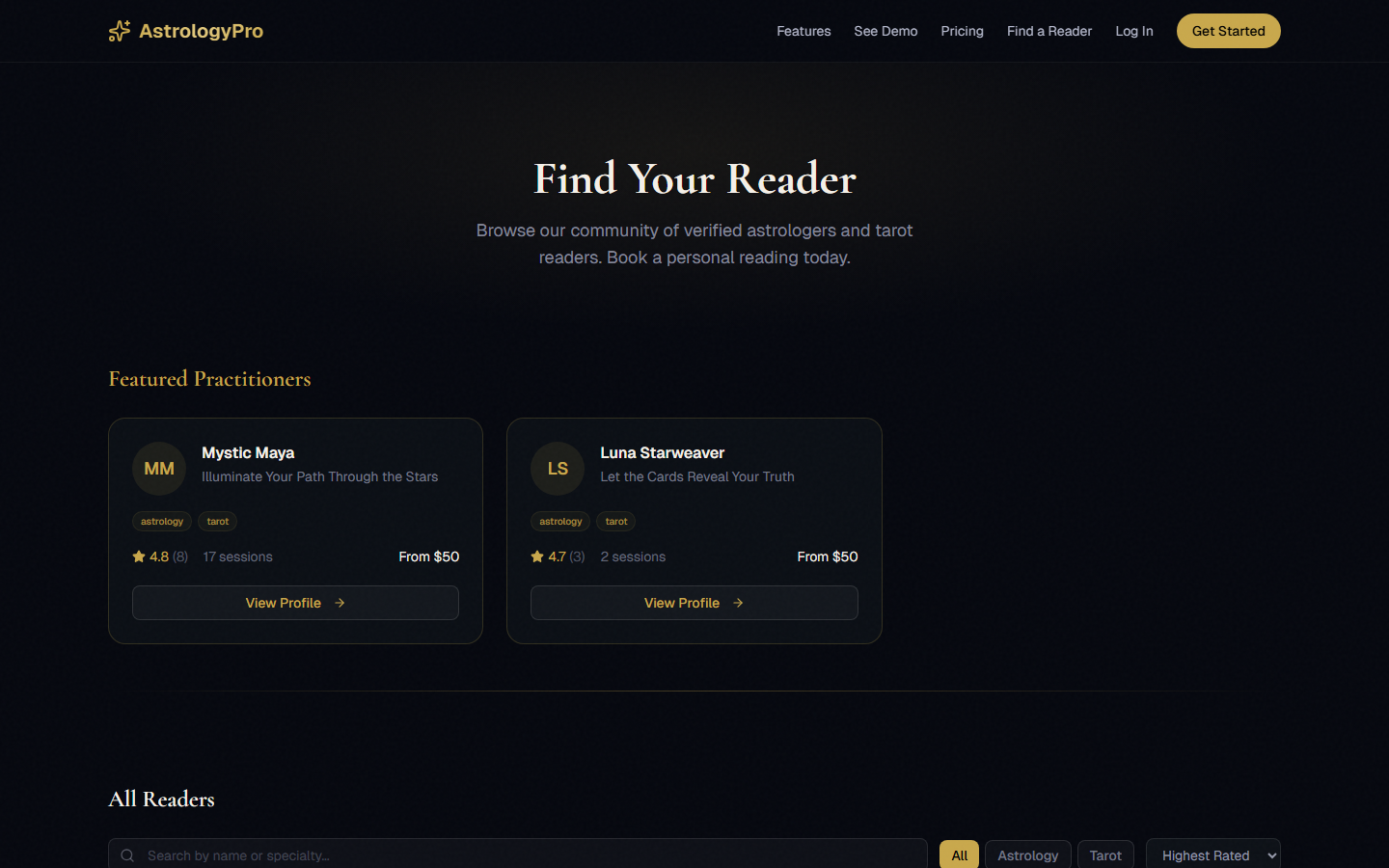 The discover page showing diviner cards with search bar, specialty filters, and sort options
