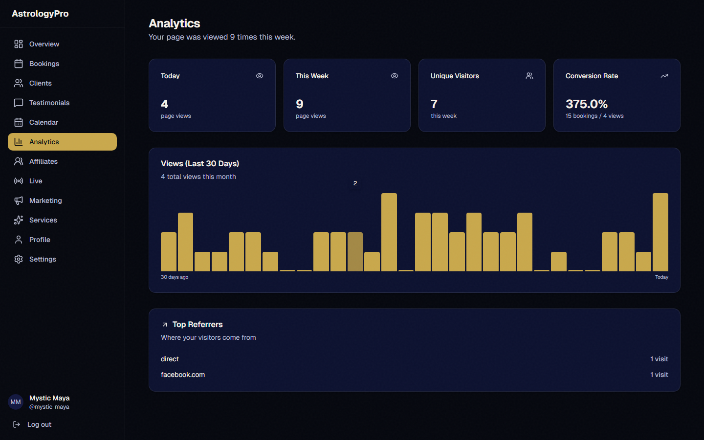 The analytics dashboard showing page views, traffic sources, and conversion rate charts