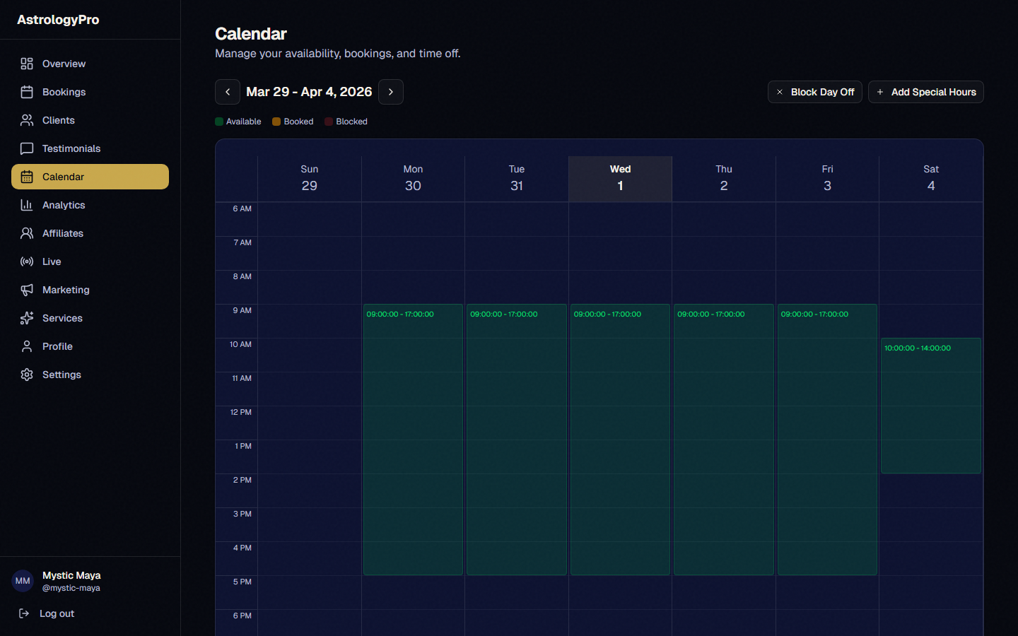 The weekly calendar view showing color-coded availability, bookings, and blocked days with click-to-edit functionality